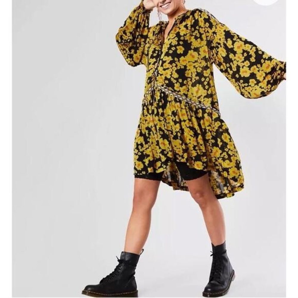 Free People Love Letter Tunic Top Dress Black Boho Oversized Floral